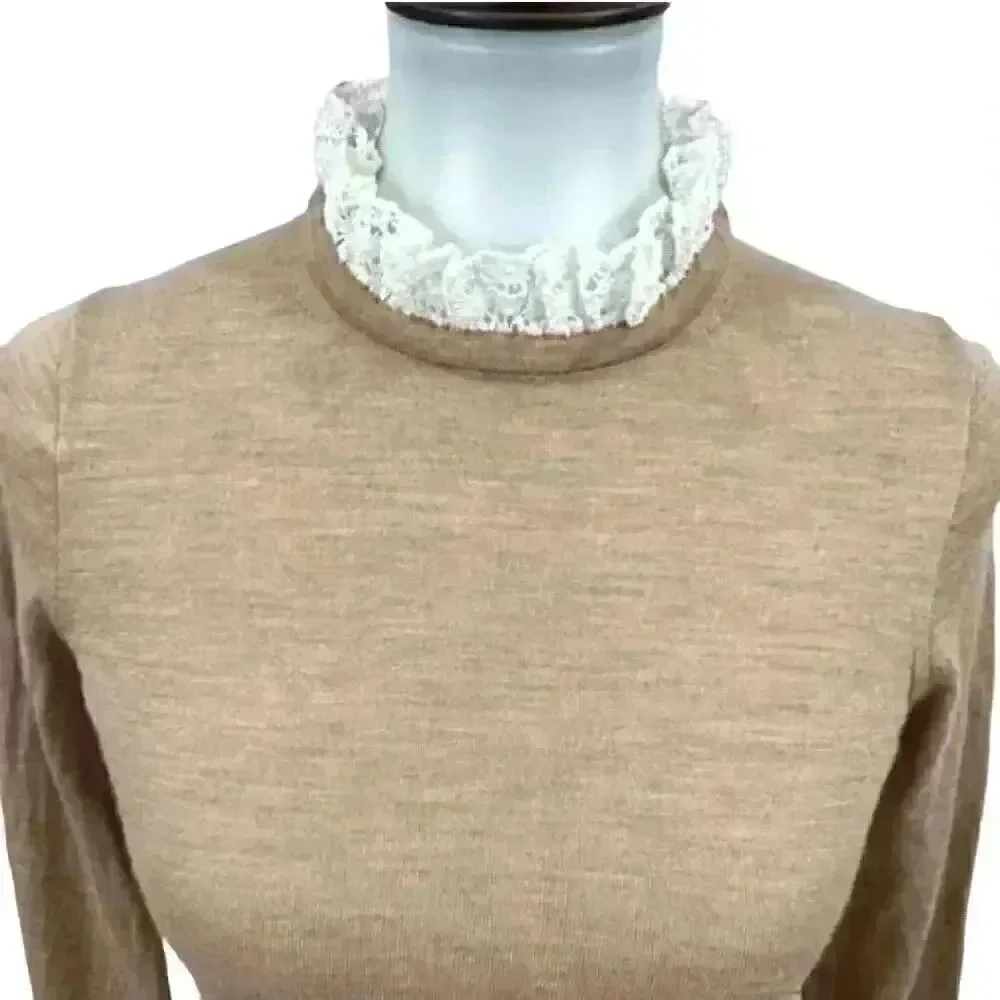 J. Crew Women's Heather Tan Merino Wool Lightweight Knit Antique Lace Collar Lon